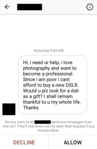 Instagram direct message which is both spam and a scam