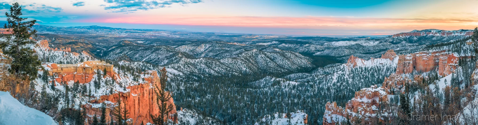 Cramer Imaging's fine art landscape panorama photograph of a winter sunset view at Bryce Canyon National Park Utah