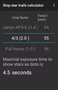 Screenshot of Stop Star Trails Calculator for Android