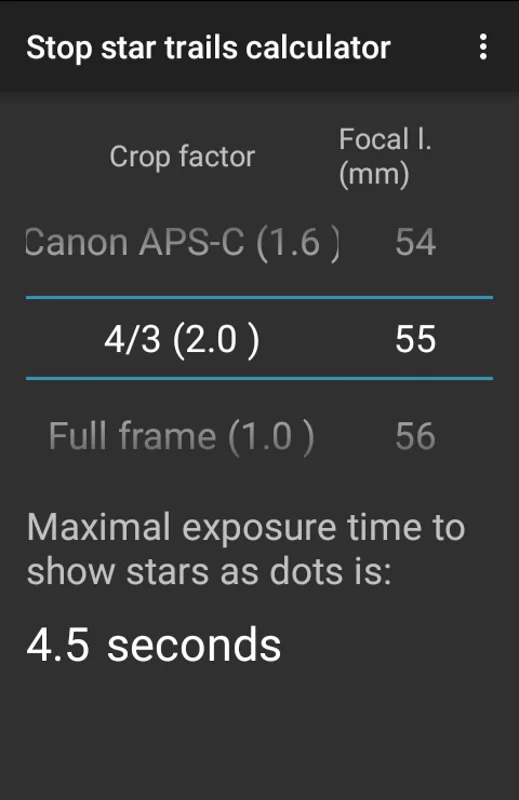 Screenshot of Stop Star Trails Calculator for Android
