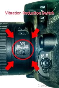 Graphic of where you might find the vibration reduction switch on your camera by Cramer Imaging