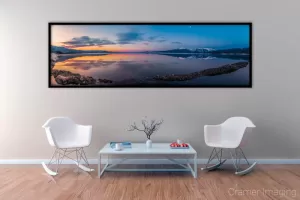 Photograph of Cramer Imaging's fine art photograph 'Blue and Gold' on the wall of a waiting room