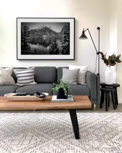 Photograph of Cramer Imaging's fine art photograph "Contemplation" on the wall of a living room a couch and table