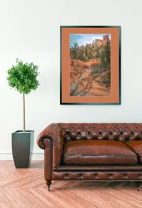 Photograph of Cramer Imaging's fine art photograph 'Desert Oasis' on the wall of a room with a leather couch and potted plant