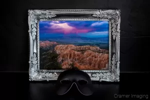 Cramer Imaging's photograph of a framed "Into the Storm" with a black mask against a black gallery wall