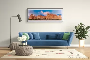 Photograph of Cramer Imaging's panorama landscape photo titled "Kaiparowits Plateau" in a cozy living room