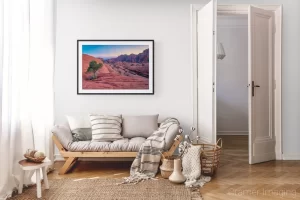 Photograph of Cramer Imaging's landscape photo "Wrinkles" in a cozy neutral-toned living room