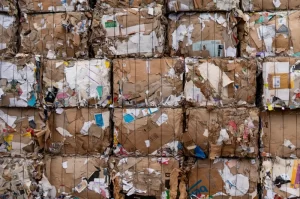 Photograph of piles of compacted trash bales