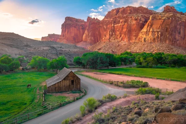 Cramer Imaging's fine art landscape photograph of a horse grazing the the field at the Gifford Barn in Capitol Reef National Park Utah at sunset