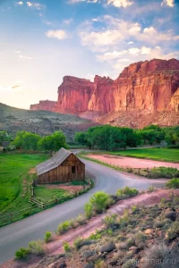 Cramer Imaging's fine art landscape photograph showing sunset at the Gifford Barn of Capitol Reef National Park Utah in spring