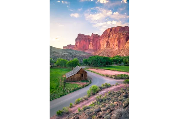 Cramer Imaging's fine art landscape photograph showing sunset at the Gifford Barn of Capitol Reef National Park Utah in spring
