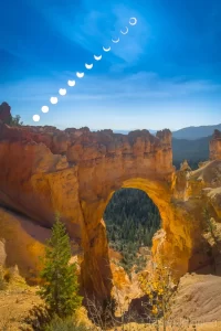 Cramer Imaging's fine art landscape photograph of an annular eclipse or ring of fire time-lapse over Bryce Canyon's Natural Bridge formation