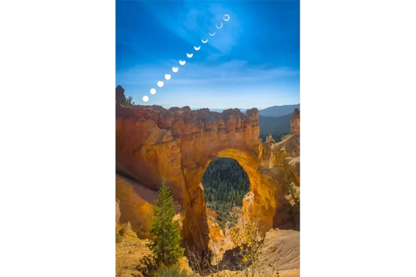 Cramer Imaging's fine art landscape photograph of an annular eclipse or ring of fire time-lapse over Bryce Canyon's Natural Bridge formation