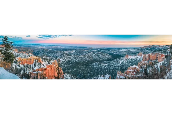 Cramer Imaging's fine art landscape panorama photograph of a winter sunset view at Bryce Canyon National Park Utah