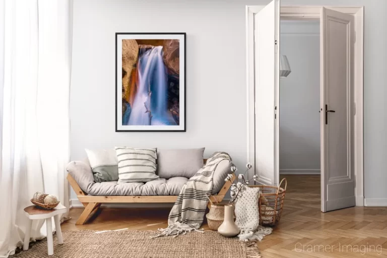 Photograph of Cramer Imaging's landscape photo "Cascade" in a cozy neutral-toned living room