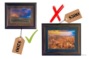 Graphic of a cheaper price for a framed print of Cramer Imaging's "Cannonville Rainbow" compared to "Sunset at Bryce"