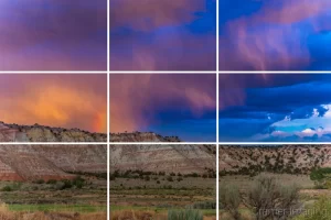 Graphic with rule of thirds overlayed on a summer sunset with a rainbow landscape photo in Cannonville Utah