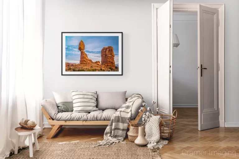 Photograph of Cramer Imaging's landscape photo "Balanced Rock" in a cozy neutral-toned living room