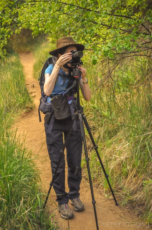 Landscape photographer Audrey Cramer taking a photo using a tripod on a forest trail