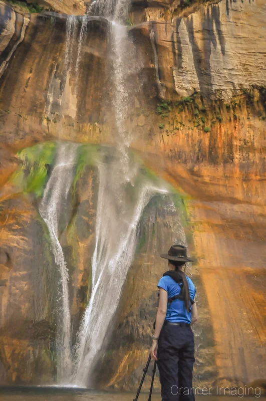 Landscape photographer Audrey Cramer photographing Lower Calf Creek Falls in Escalante National Monument, Utah