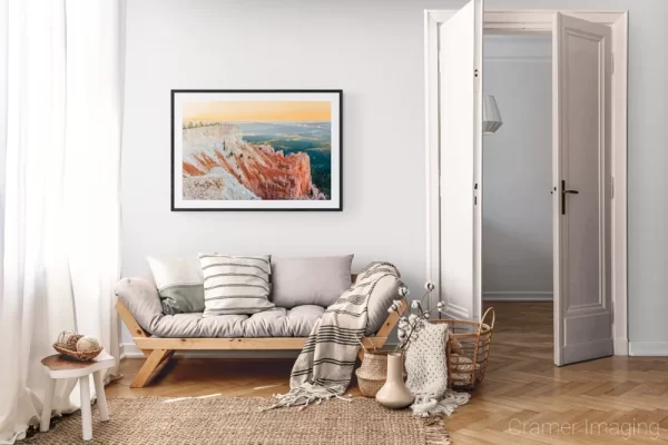 Photograph of Cramer Imaging's landscape photo "Waltz of Golden Light" in a cozy neutral-toned living room