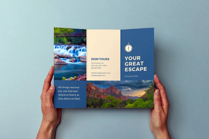 Mockup of a brochure advertising tours of Zion National Park using Audrey Cramer Photography images