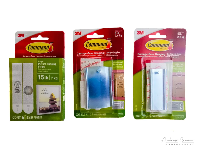Audrey Cramer Photography's photo of 3 different command strip options for hanging pictures on walls (with or without hooks)
