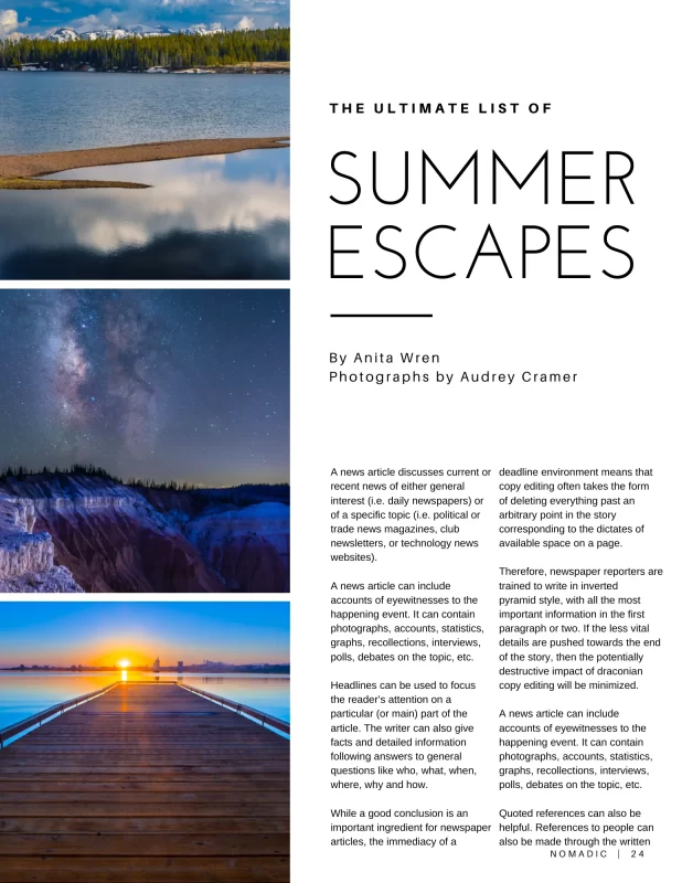 Mockup of a magazine article utilizing Audrey Cramer Photography landscape images as illustrations
