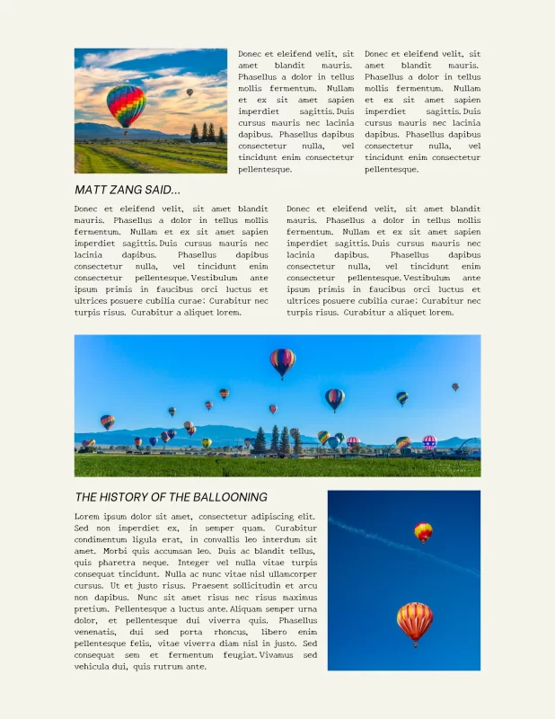 Mockup of a magazine article utilizing Audrey Cramer Photography hot air balloon images as illustrations