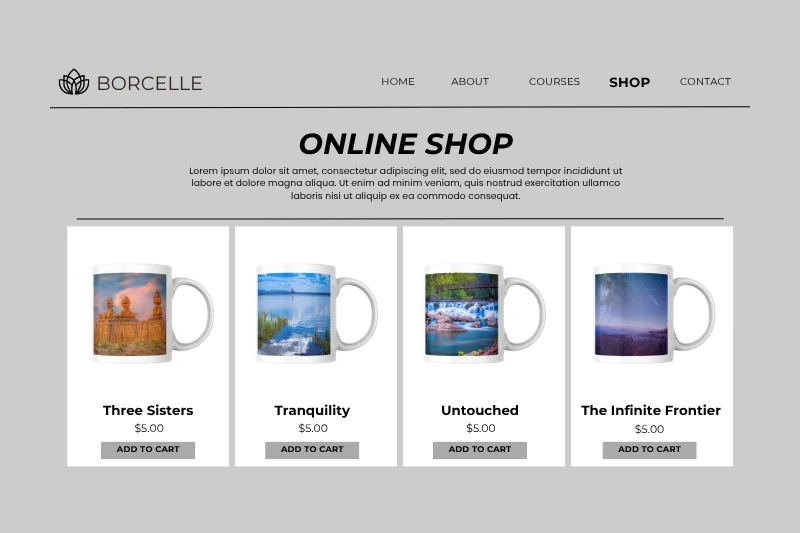 Mockup of an online store selling mugs featuring Audrey Cramer Photography images